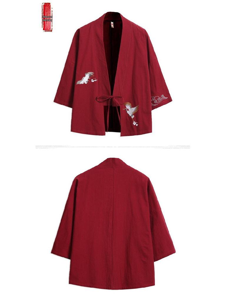 Хлопково-льняной кардиган-кимоно с вышивкой «Журавль»: Перьевое одеяние в китайском и японском стиле ханьфу, защищающее от солнца