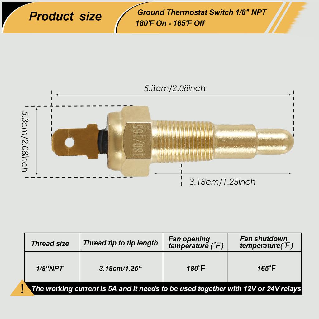Universal Engine Cooling Fan Thermostat Switch 1/8" NPT 180 Fahrenheit On 165 Fahrenheit Off Water Temperature Sensor