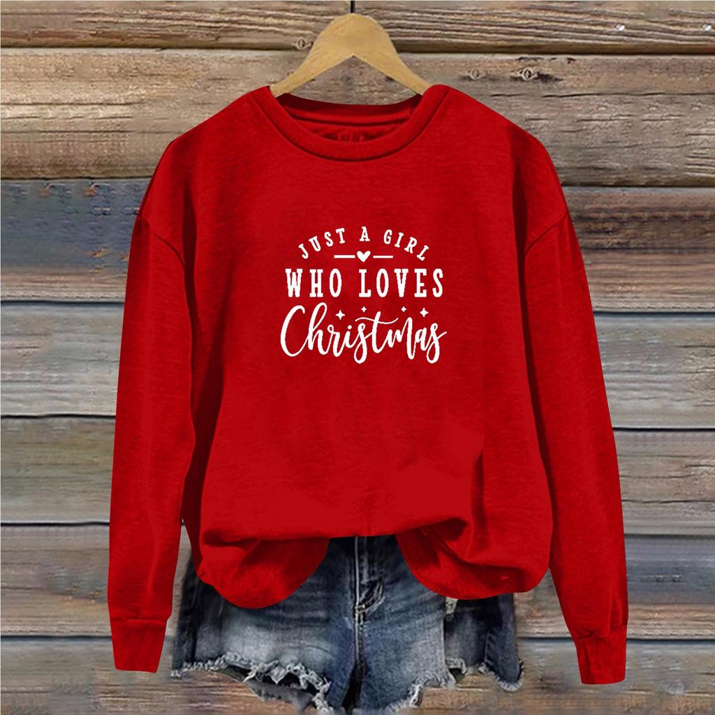 Женская повседневная свободная однотонная толстовка с круглым вырезом и длинными рукавами с принтом рождественских букв