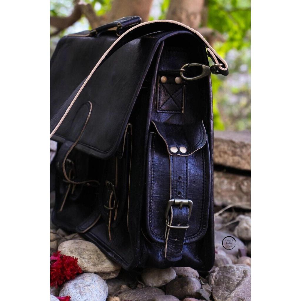 Mens Genuine Vintage Large Black Leather Shoulder Messenger Laptop Bag Briefcase