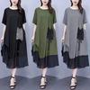 Summer Women Dress Plus Size Mesh Patchwork Round Neck Short Sleeve Color Matching Patch Pocket Drawstring Chubby Lady Casual Commute Midi Dress