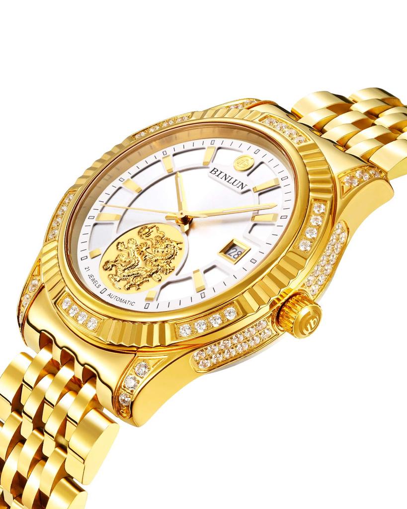 Часы BINLUN, золотые механические автоматические часы, аналоговые водонепроницаемые, с дисплеем даты, из нержавеющей стали, повседневные деловые часы для мужчин [Товар]