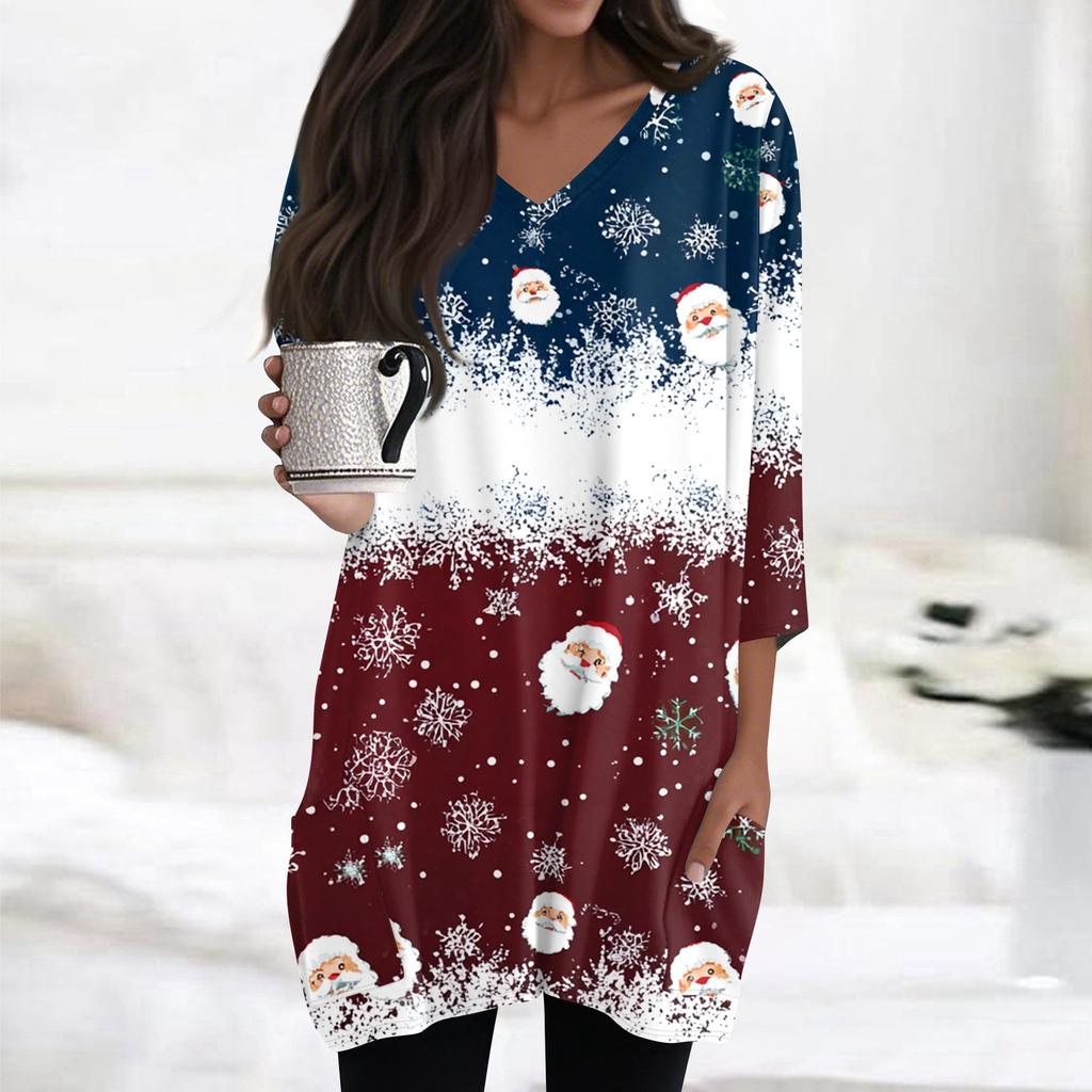 Женские топы с V-образным вырезом и рукавом 3/4, повседневные блузки средней длины, модные туники с рождественским принтом и карманами