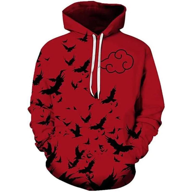 Scarlet Cloud Gallery Print Hoodie, Diverse Silhouette Bird and Red Cloud Symbol Pattern Full Graphic Loose Pullover, Perfect for Casual Sport Outings