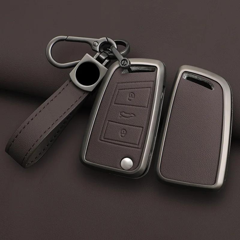 Alloy Leather Car Key Case Cover For VW Volkswagen Golf 7 MK7 Tiguan MK2 For Seat Ateca Leon FR 2 Ibiza Sk