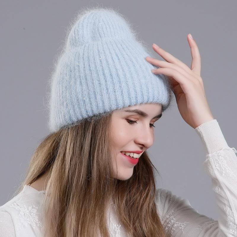 Женская зимняя теплая вязаная шерстяная универсальная шапка-пуловер с высокими фланцами и блестками из кроличьей шерсти