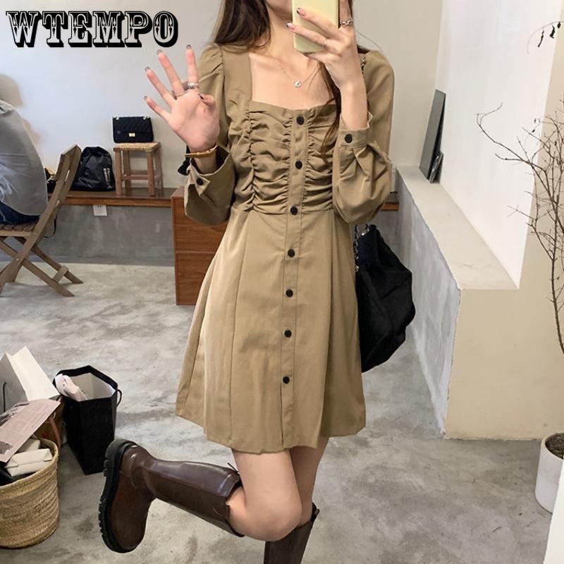 Женский темперамент ретро платье с квадратным воротником плиссированное однобортное корейское платье-костюм А-силуэта с длинными рукавами