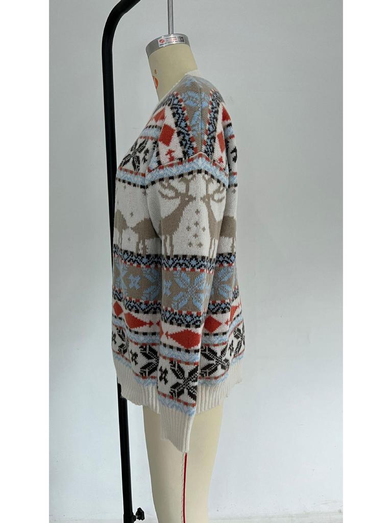 Жаккардовый свитер с европейской и американской рождественской тематикой — женский, свободный крой, круглая горловина, длинный рукав, пять цветов (2022)