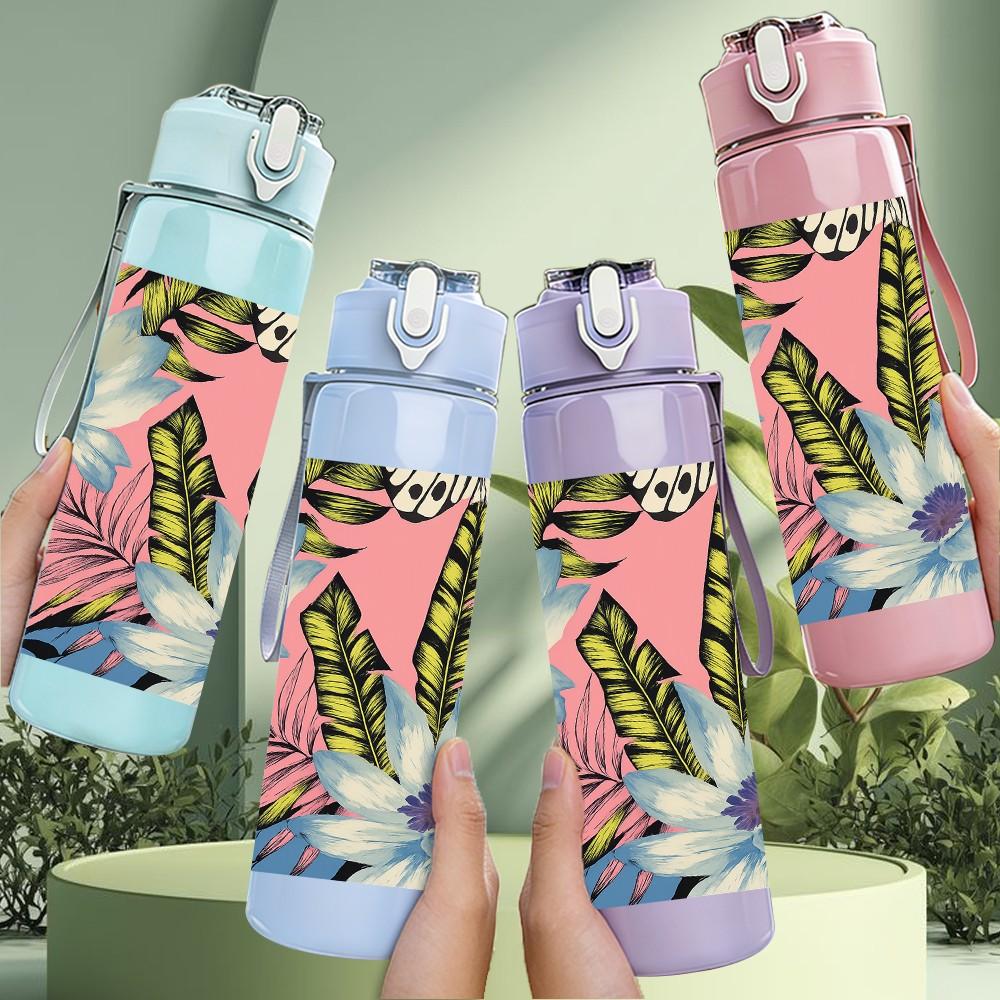 1PC Tropical Leaf Flower Pattern 750ml Color Plastic Sports Water Bottle Leakproof Flip Straw Lid Suitable for Sports Office Home Use