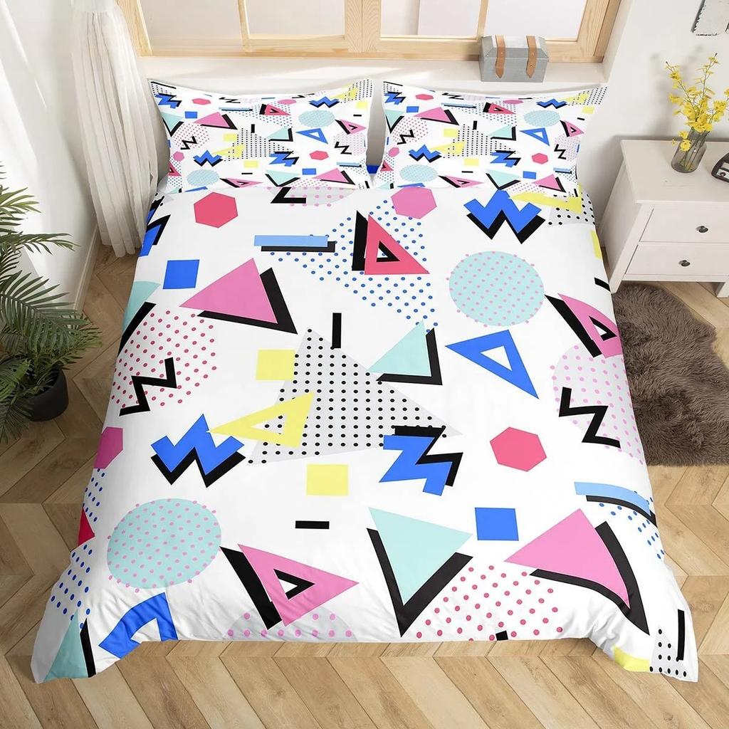 Retro Memphis Style Duvet Cover Set Galaxy Fashion Style Geometric Shapes Bedding Set Full,Hipster Old Fashioned Comforter Cover