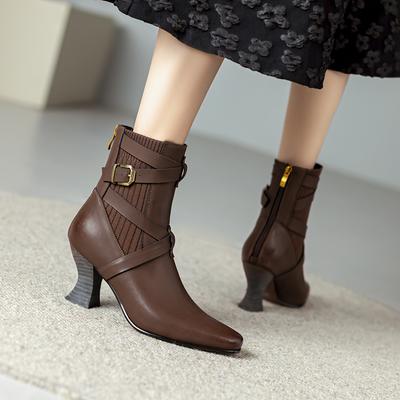 Мода 2024 Новые Осенне-Зимние Женские Ботинки Натуральная Кожа Ботильоны Модная Женская Обувь Острый Носок Высокий Каблук Современные Ботинки