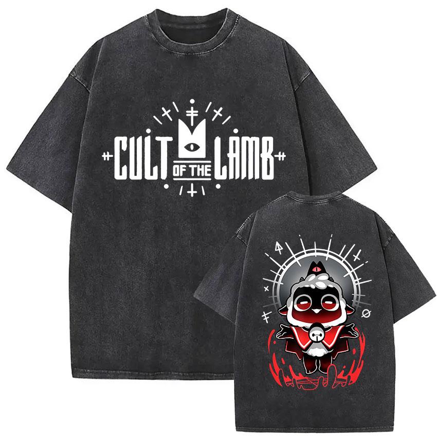 Cult of The Lamb Винтажная стираная футболка Мужская свободная юмористическая модная футболка с коротким рукавом Летняя одежда Футболка