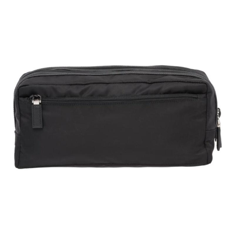 Prada Silver Logo Saffiano Leather Toilet Bag Clutch Unisex Couple Style Black
