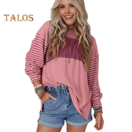 Женская футболка с круглым вырезом и длинным рукавом в полоску контрастного цвета свободного кроя, эластичная дышащая футболка-пуловер