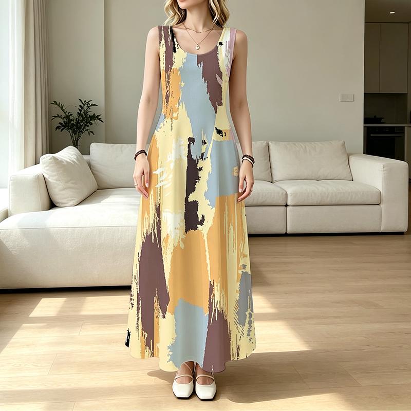 Sleeveless Abstract Art Maxi Dress Loose Fit,Lightweight Fabric,Versatile for Daily Commute,Home Leisure & Travel Photos