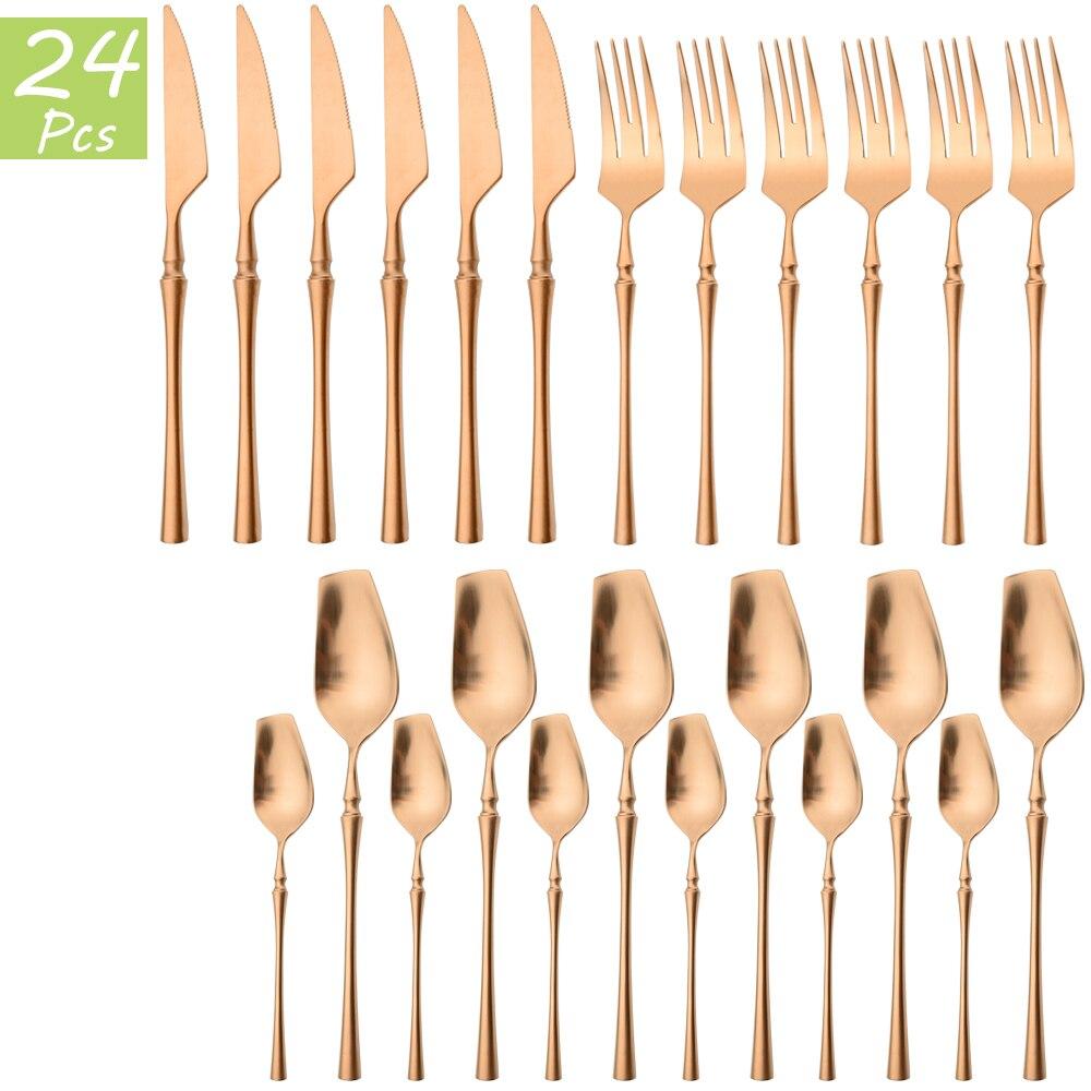 24Pcs Red Gold Cutlery Set 18/10 Stainless Steel Tableware Vintage Knife Fork Coffee Spoon Dinnerware Set Wedding Kitchen Silverware