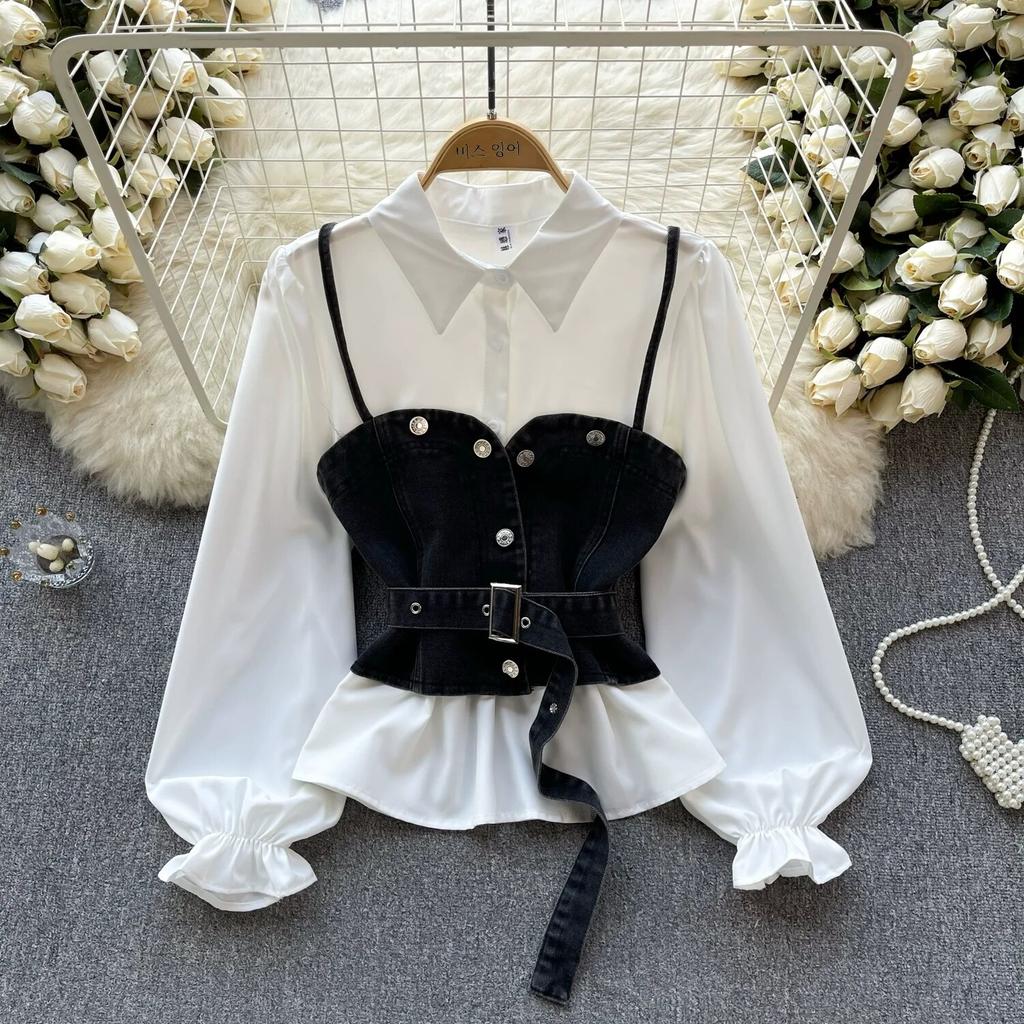 Korean Series Wear Age-Reducing Set Retro Denim Cami Stacked All-Matching Puff Sleeve Shirts Two-piece Set Top