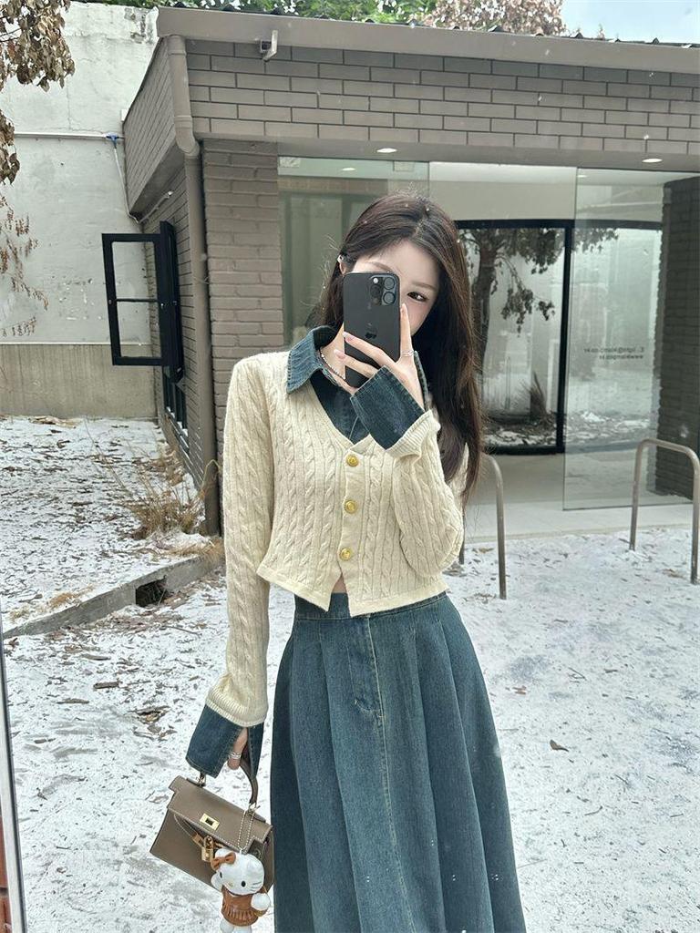 Женский шикарный джинсовый пэчворк комплект: Вязаный топ с длинным рукавом и миди-юбка с высокой талией