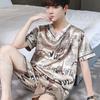 Men Ice Silk Thin Short-Sleeved + Short Two-Piece Suit Korean Version of The Loose Large Size Men Home Clothing with Letters