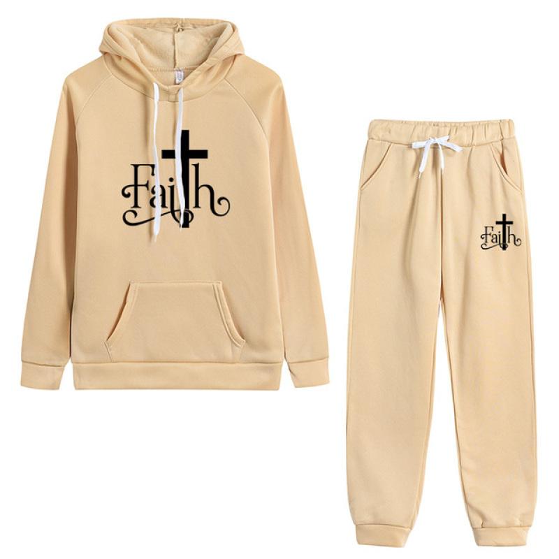 Jesus Crucifix Faith Printed Pant Sets Women Hoodie Sweatpants Solid Color Tracksuit Ladies Daily Casual Sport Jogging Suit