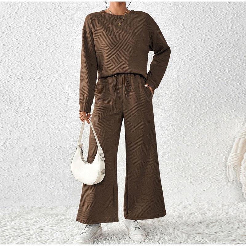 Autumn Women's Pure Color Wide Leg Pants Set Long Sleeved Round Neck Pullover Drawstring Pants Female Suit