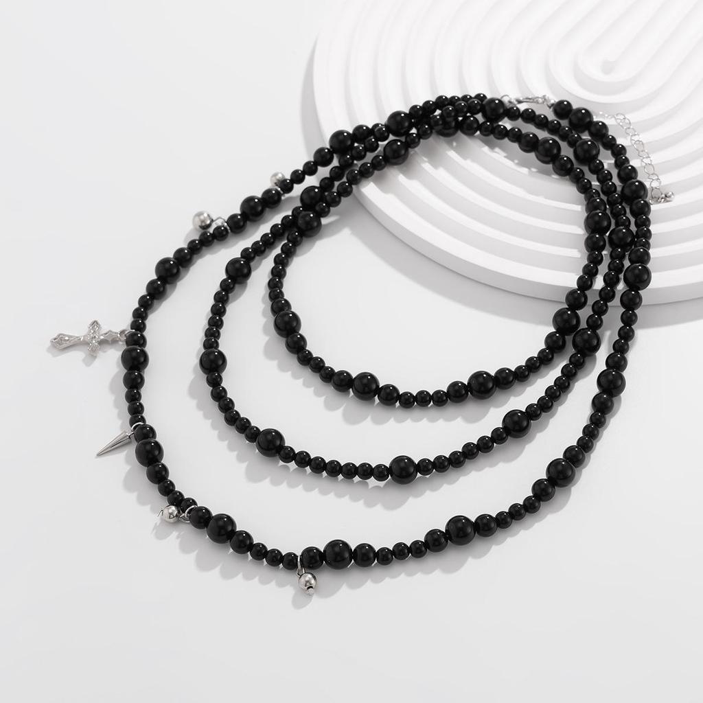 Dark Style Acrylic Beaded Necklace with Cross Pendant - All-Match European and American Fashion for Women