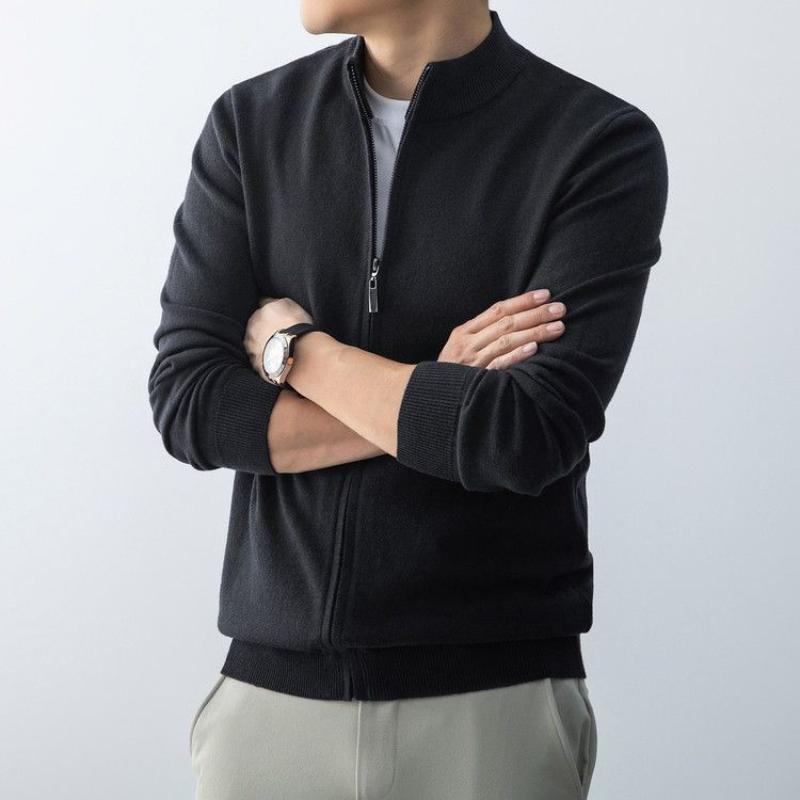 Повседневный вязаный кардиган с воротником-стойкой, мужская одежда, стильная застежка-молния, осень-зима, винтажный, однотонный, базовый, с длинным рукавом, свитера
