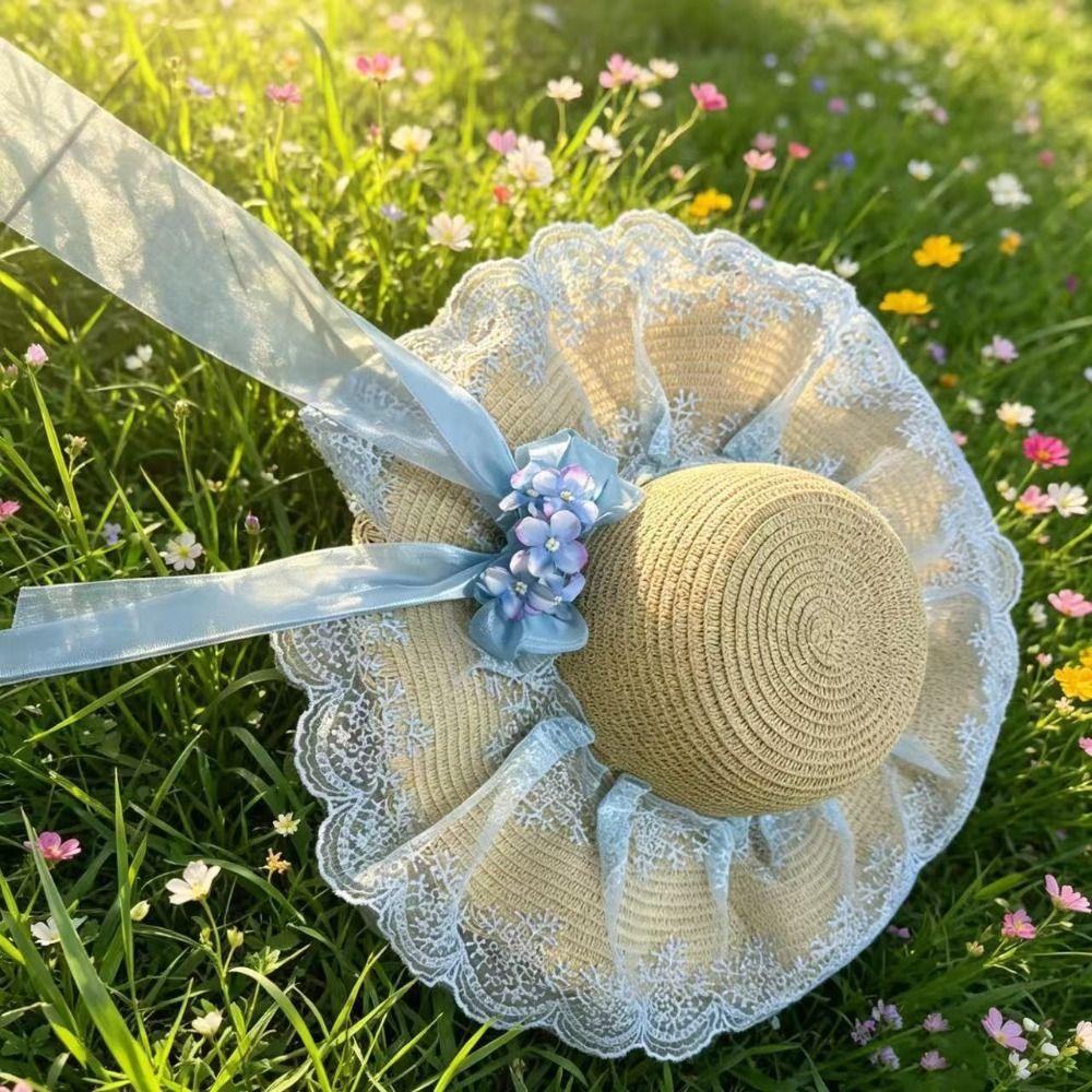 Breathable Lace Brim Sunshade Cap Elegant Outdoor Beach Hat Woman's Straw Hat Casual Wear