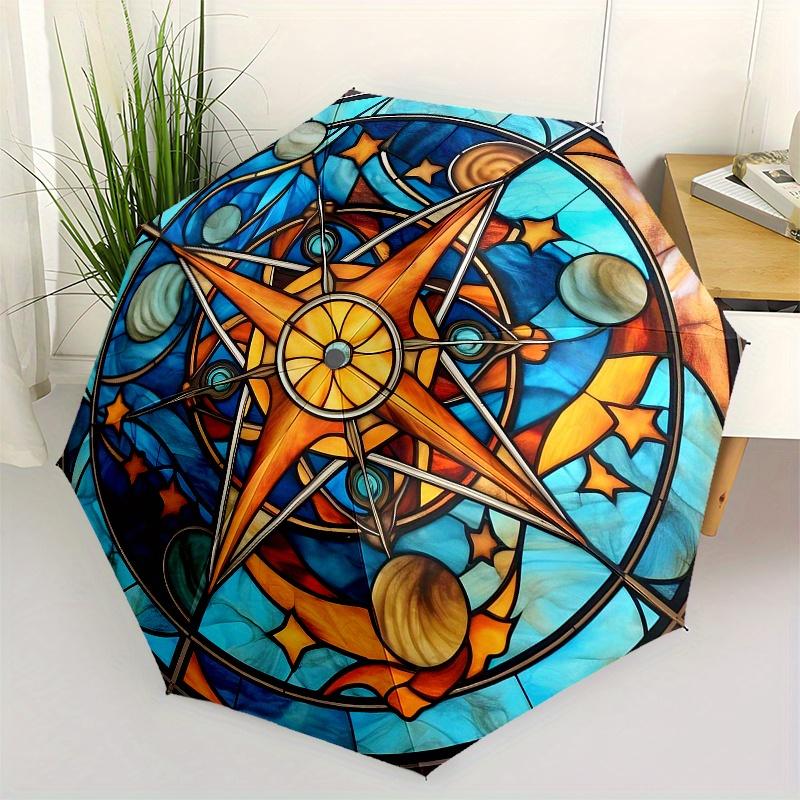 Stained Glass Compass Rose Window Panel, Celestial Design for Home Decor Umbrella, Cute Umbrella with Cute Design, Portable 3-Fold Compact Umbrella fo