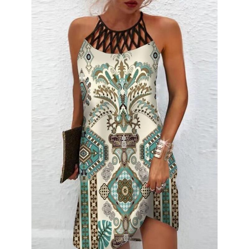 GMXIA National Style Positioning Print Mesh with Sleeveless Casual Dress for Women