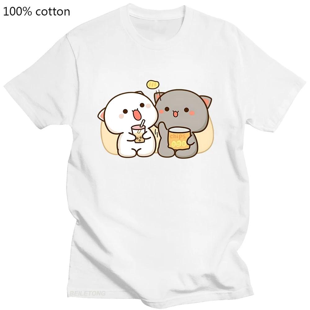 100% Cotton T-shirt Kawaii Mochi Peach Cat Clothing Bubble Tea Graphic Tshirts Casual Summer Tees Camisetas De Muje Short Sleeve