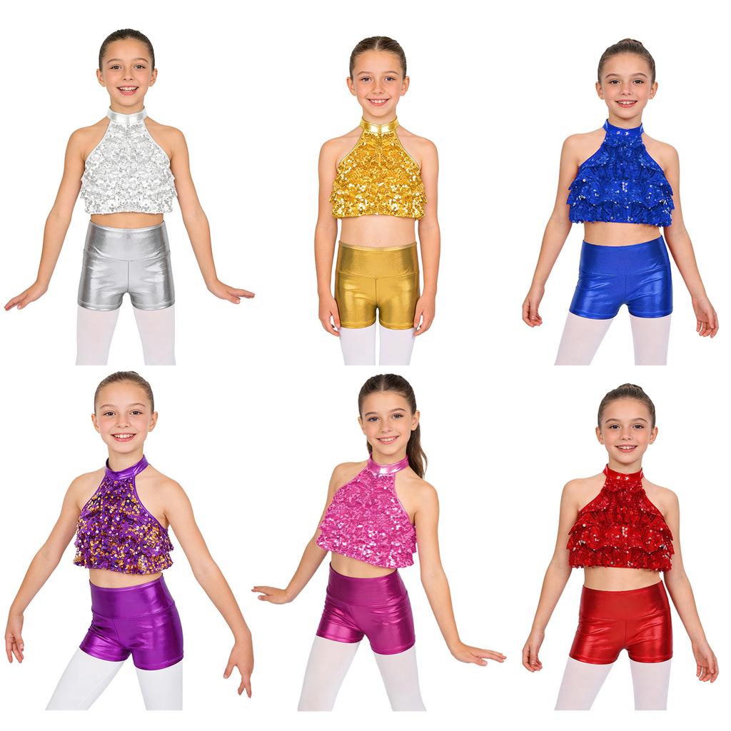 Girls Mock Neck Sleeveless Sequin Crop Top Tiered Shiny Metallic Shorts Stage Dance Outfit