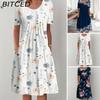 30-цветное плиссированное платье миди с коротким рукавом, круглым вырезом, свободным подолом, длиной до середины икры, женское платье-трапеция с цветочным принтом, повседневная одежда