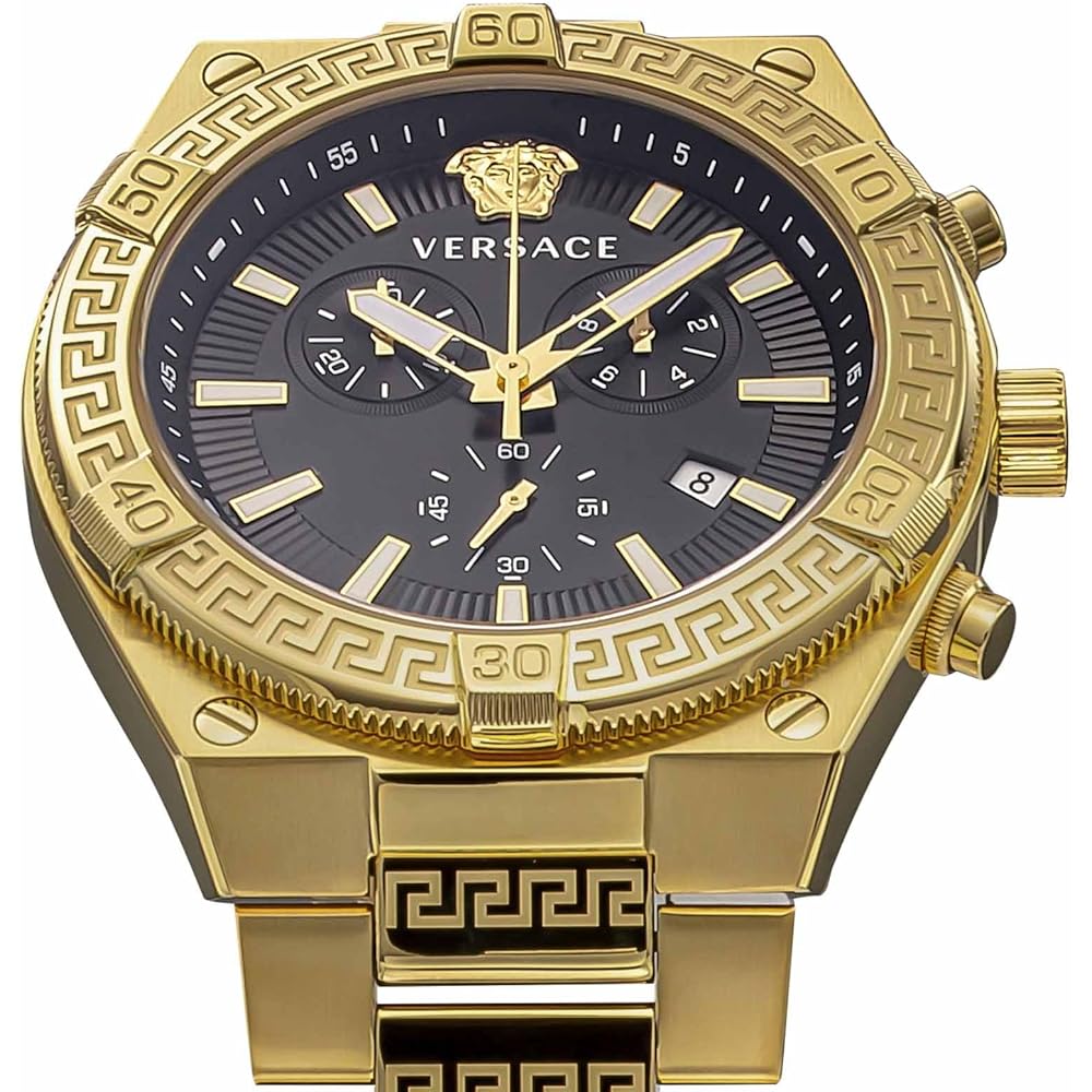 Мужские спортивные часы Versace Greca с черным циферблатом, корпус из нержавеющей стали, сапфировое стекло, кварцевый механизм, золотой, VESO00922