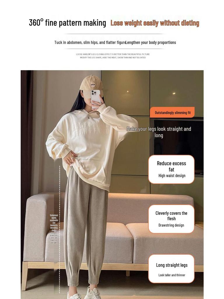 Женские большие размеры брюки-джоггеры гаремы с высокой талией - Весенне-осенние утягивающие флисовые брюки с манжетами