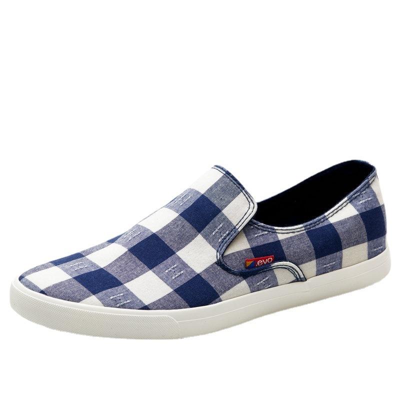 Туфли без шнуровки, крутая мужская повседневная обувь на плоской подошве из дышащей ткани в уличном стиле в клетку, черная, синяя