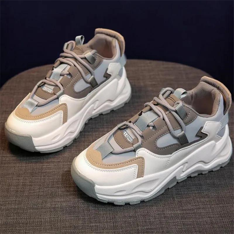 Newly Arrived Thick Sole Comfortable Round Toe Sneakers Casual Gray Brown Running Shoes Spring and Autumn Women's Shoes
