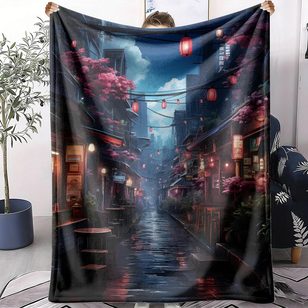 Anime Night Street Throw Soft Flannel AC Blanket Lightweight Summer Nap Throw Cozy Blanket for Sofa Bed Travel Home