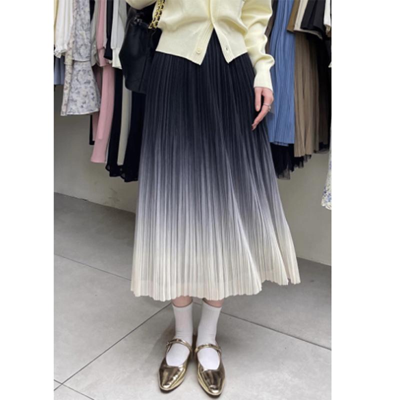 Qooth Женская плиссированная юбка-миди с эластичной резинкой на талии и градиентом, элегантная двусторонняя практичная юбка трапециевидной формы на лето и весну QT2102