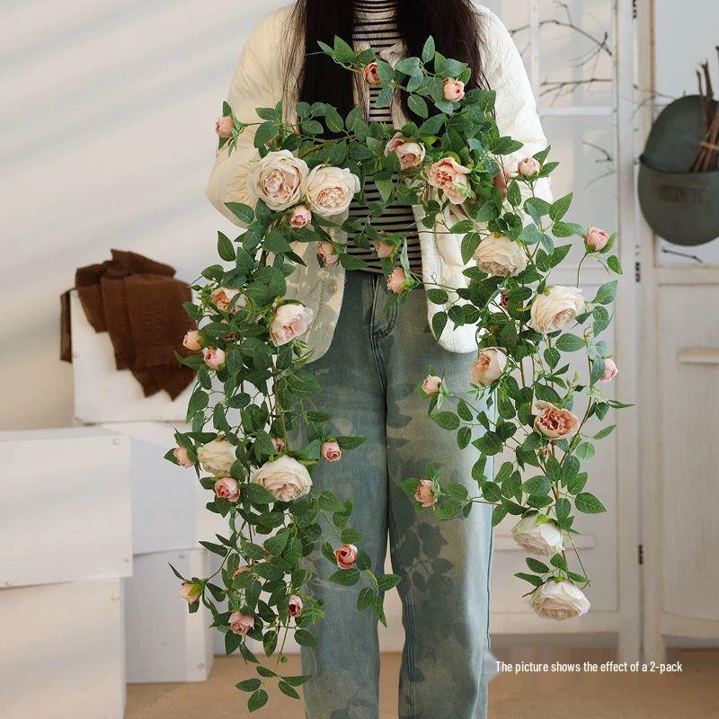 Artificial Rose Flower Vine Wall Decor for Air Conditioning Pipe and Storefronts