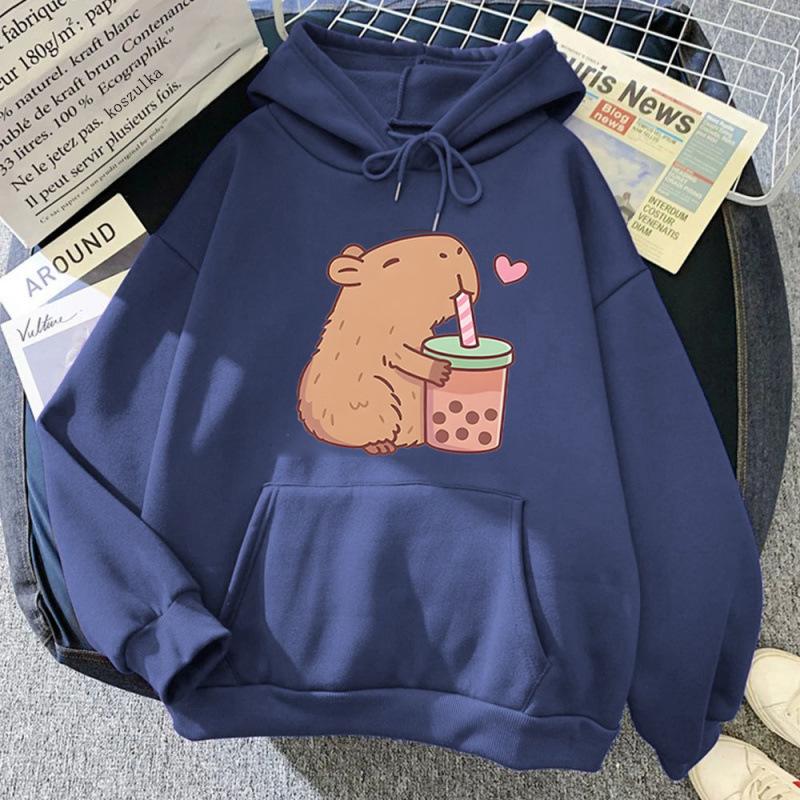 Ladies Spring Autumn Casual Hooded Long Sleeve Big Pocket Capybara Printed Pullover Hoodies Sweatshirt Top