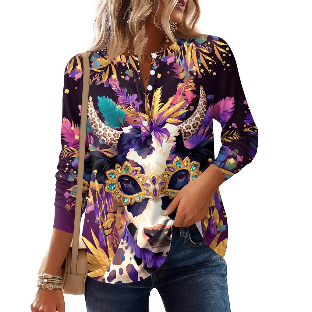 Женская модная свободная повседневная блузка с длинным рукавом и карнавальным принтом
