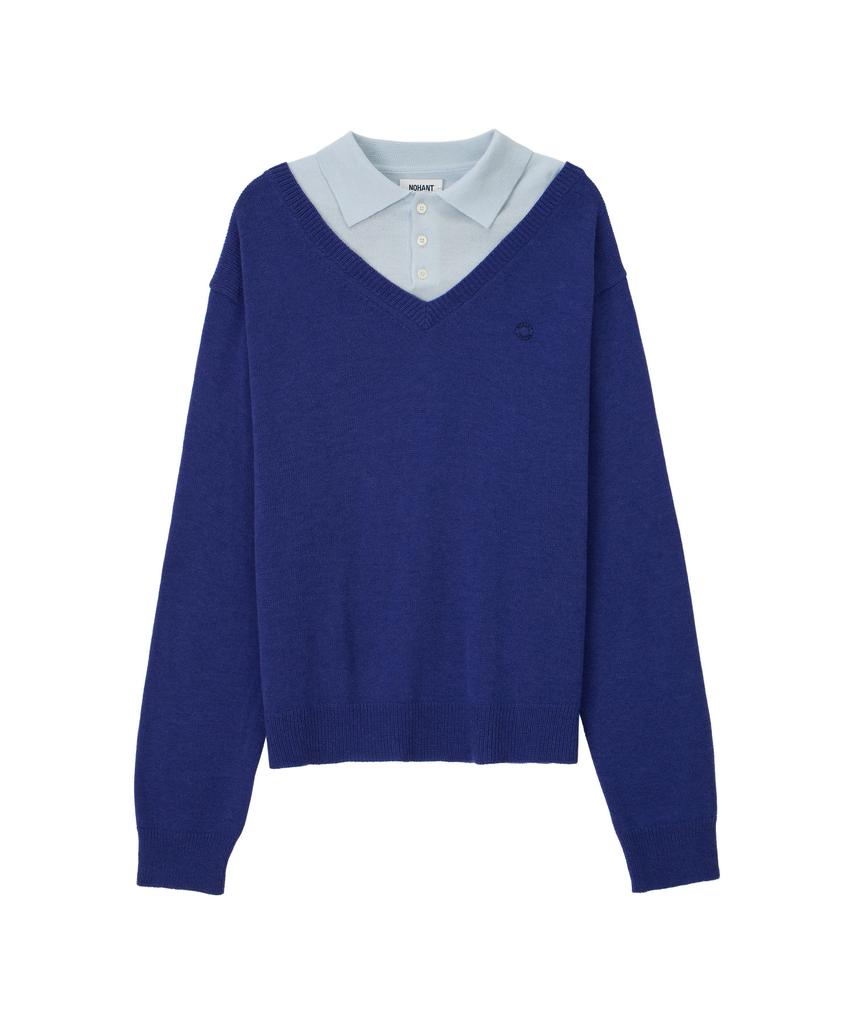 NOHANT Layered V-Neck Collar Knit Blue