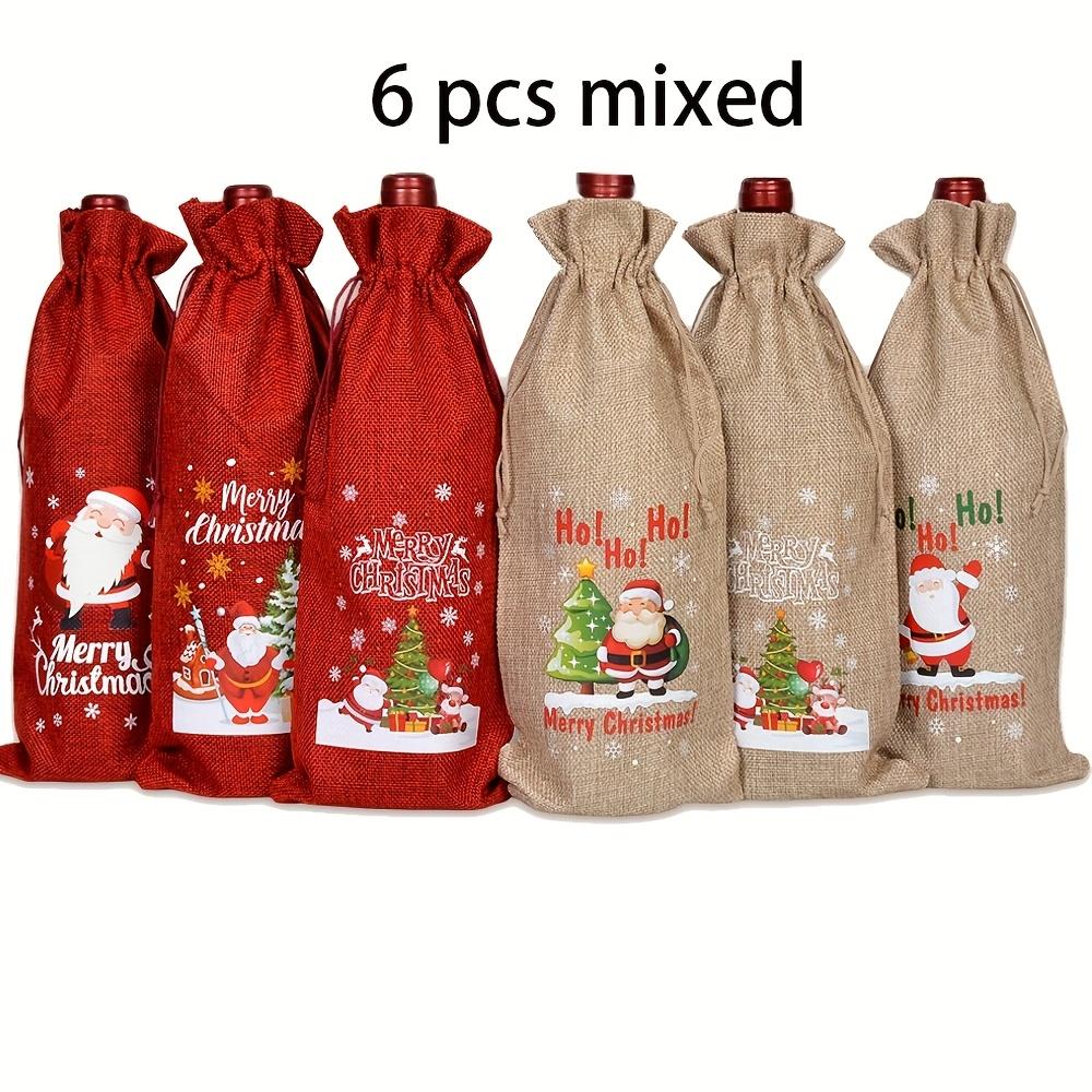 Festive Christmas Wine Bottle Gift Bags - Red & Khaki Burlap Tote Bags with Santa Claus, Christmas and Holiday Greetings Holiday