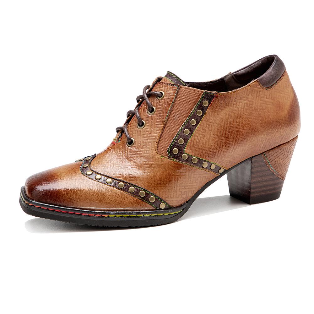 Johnature Женские туфли-лодочки из натуральной кожи, винтажные туфли на высоком каблуке с квадратным носком и заклепками, расписанные вручную, на толстом каблуке со шнуровкой