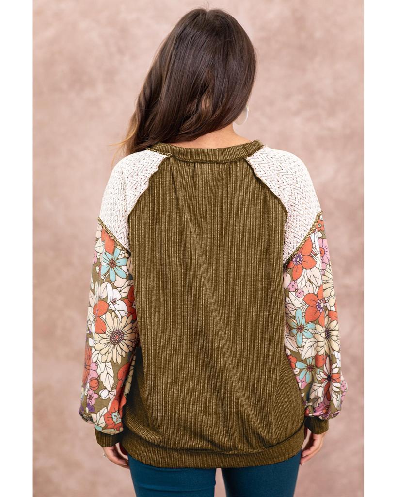 Azura Exchange Brown Floral Patchwork Puff Sleeve Textured Blouse