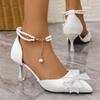 Модные Элегантные Туфли-лодочки с Жемчужной Цепочкой на Щиколотке для Женщин Летние с Бантом Декоративные Остроносые на Высоком Каблуке Модные Белые Свадебные Туфли