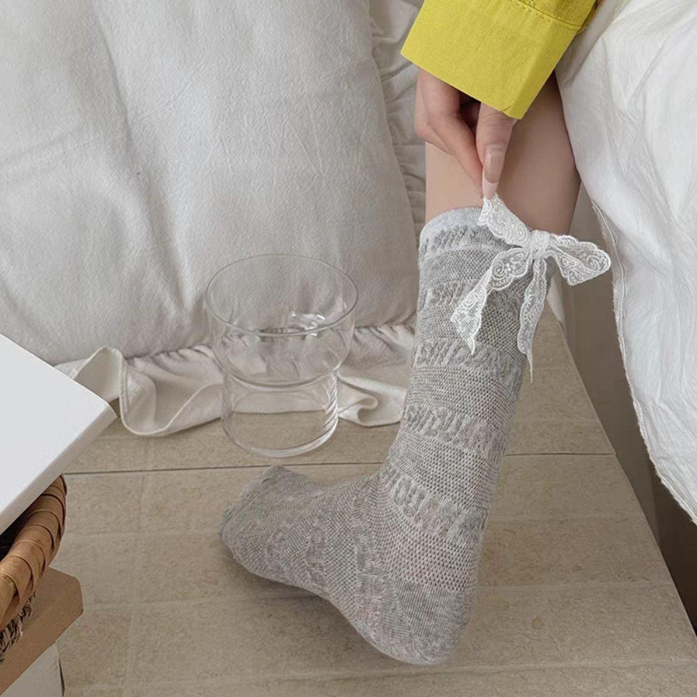 3Pairs Ins Style Lace Bow Socks Thin Sweet Socks Women Soft Mid Tube Socks  Lady