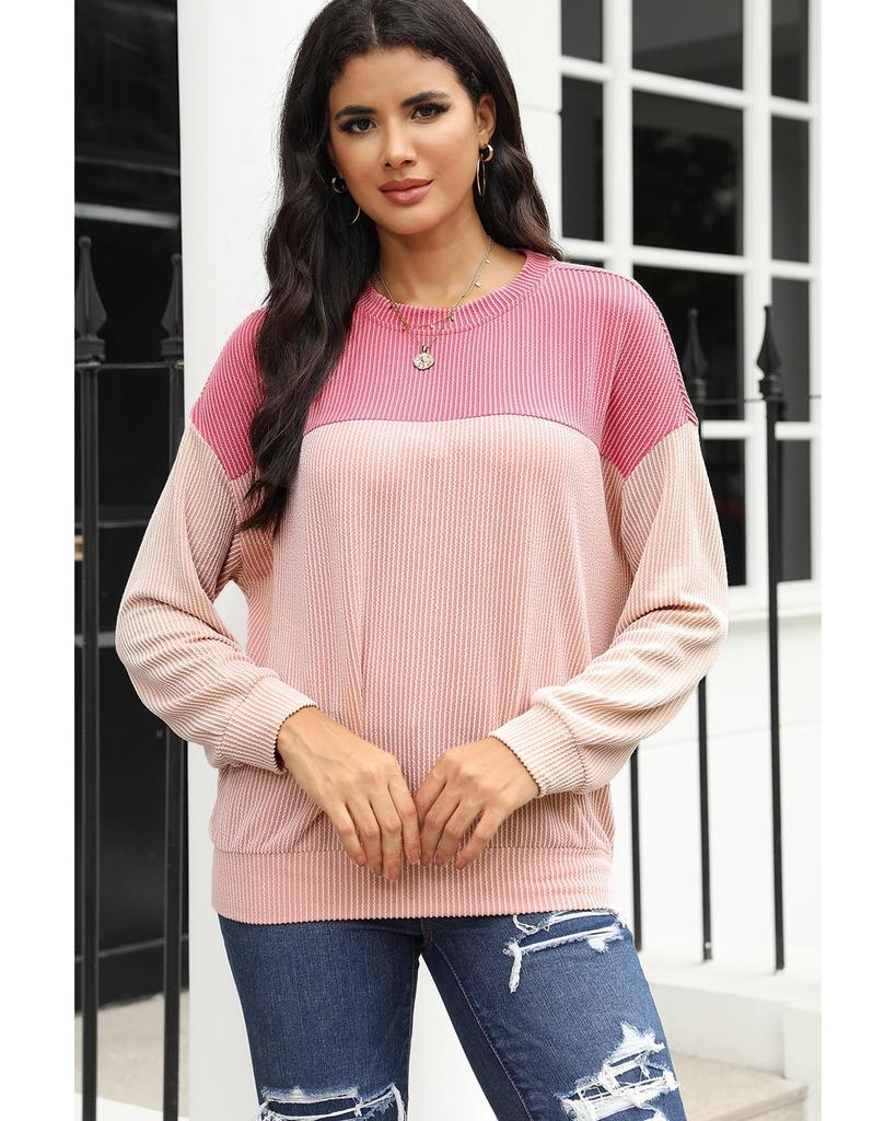 Azura Exchange Розовый цветной блок длинный рукав ребристый свободный топ