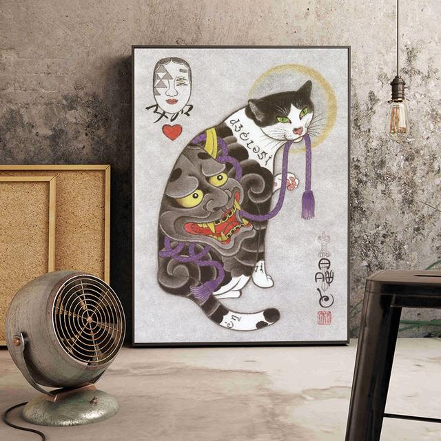 Solid Wood Frame Japanese Floating Samurai Cat Canvas Painting Retro Style Posters and Prints Wall Art Pictures for Living Room Wall Decor